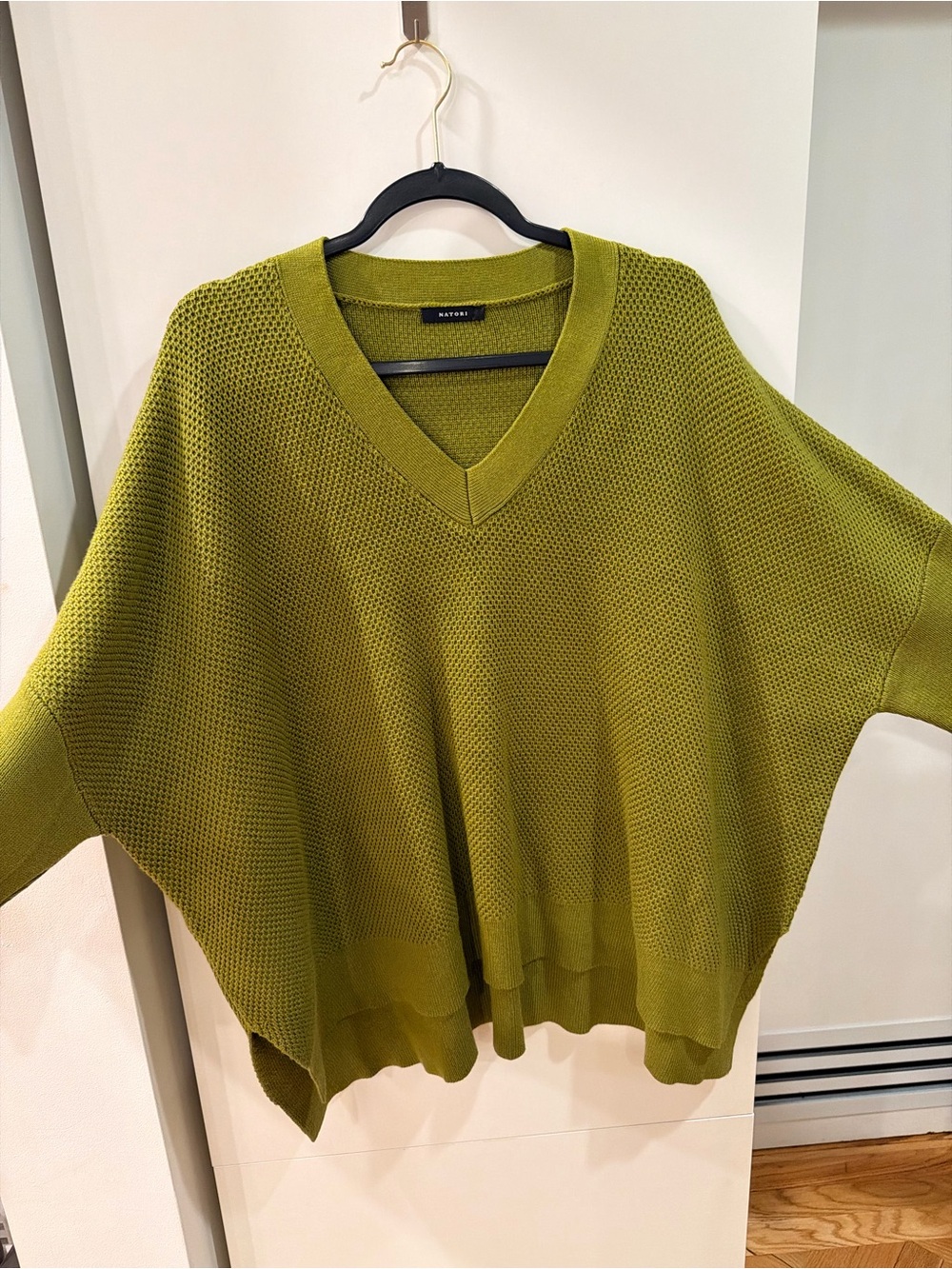 Natori Green Textured Knit V-Neck Poncho Sweater Size L